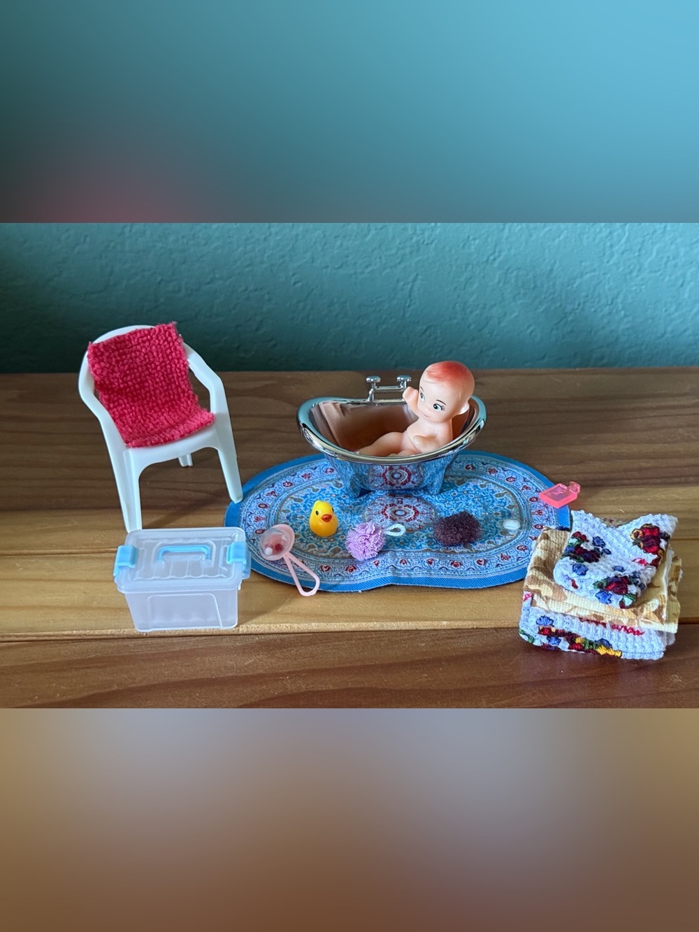 Dollhouse Bathroom Play Set w/ Umbra Chrome Bathtub & Kewpie Baby Doll